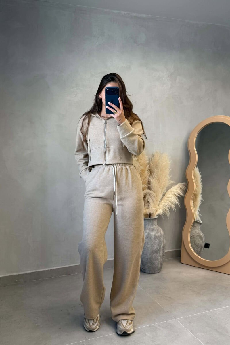ONE COLOR ZIPPER JACKET+TROUSERS WOMEN SET BEIGE/BEZHE - 1