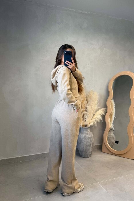 ONE COLOR ZIPPER JACKET+TROUSERS WOMEN SET BEIGE/BEZHE - 4