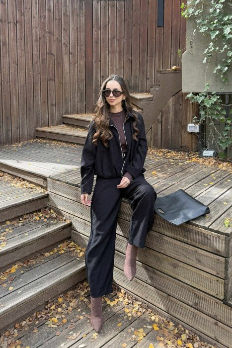 ONE COLOR ZIPPER JACKET+TROUSERS WOMEN SET BLACK/ E ZEZE 