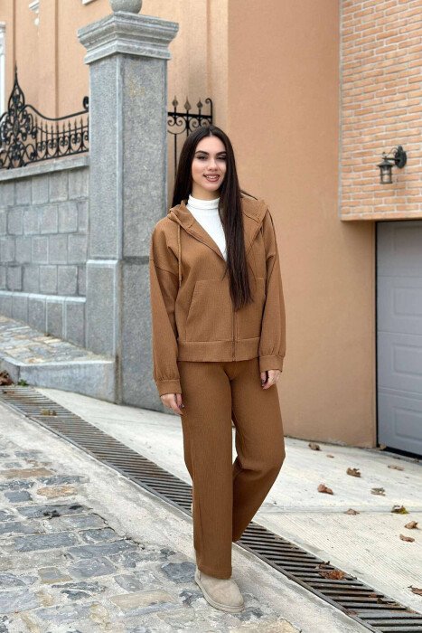 ONE COLOR ZIPPER JACKET+TROUSERS WOMEN SET BROWN/KAFE - KLAUDIO FASHION