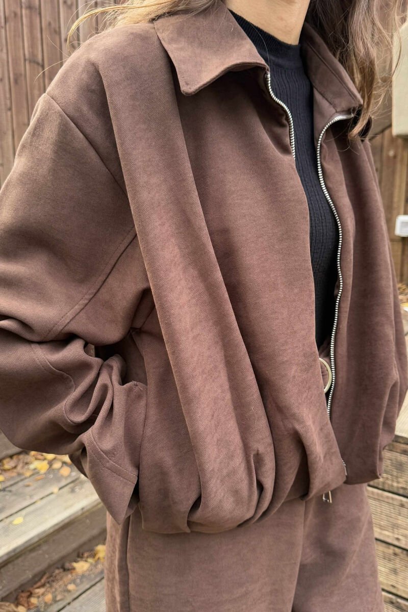 ONE COLOR ZIPPER JACKET+TROUSERS WOMEN SET BROWN/KAFE - 7