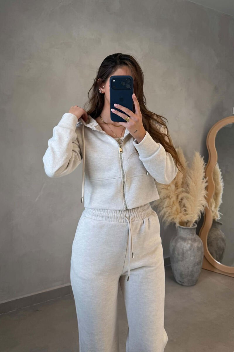 ONE COLOR ZIPPER JACKET+TROUSERS WOMEN SET CREAM/KREM - 2