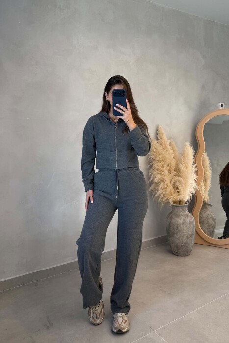 ONE COLOR ZIPPER JACKET+TROUSERS WOMEN SET GREY/GRI - KLAUDIO FASHION