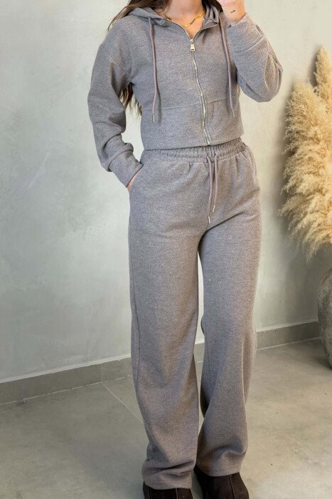 ONE COLOR ZIPPER JACKET+TROUSERS WOMEN SET LIGHT BROWN/KAZB - 4