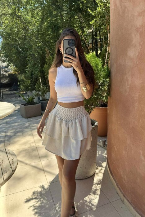 ONE COLOR ZIPPER KNITTED BELT WOMEN SKORT CREAM/KREM - 2