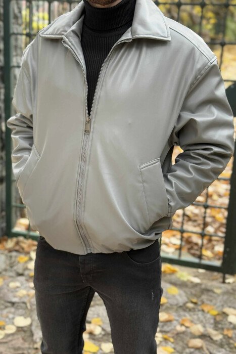 ONE COLOR ZIPPER LEATHER MEN JACKET GREY/GRI - 1