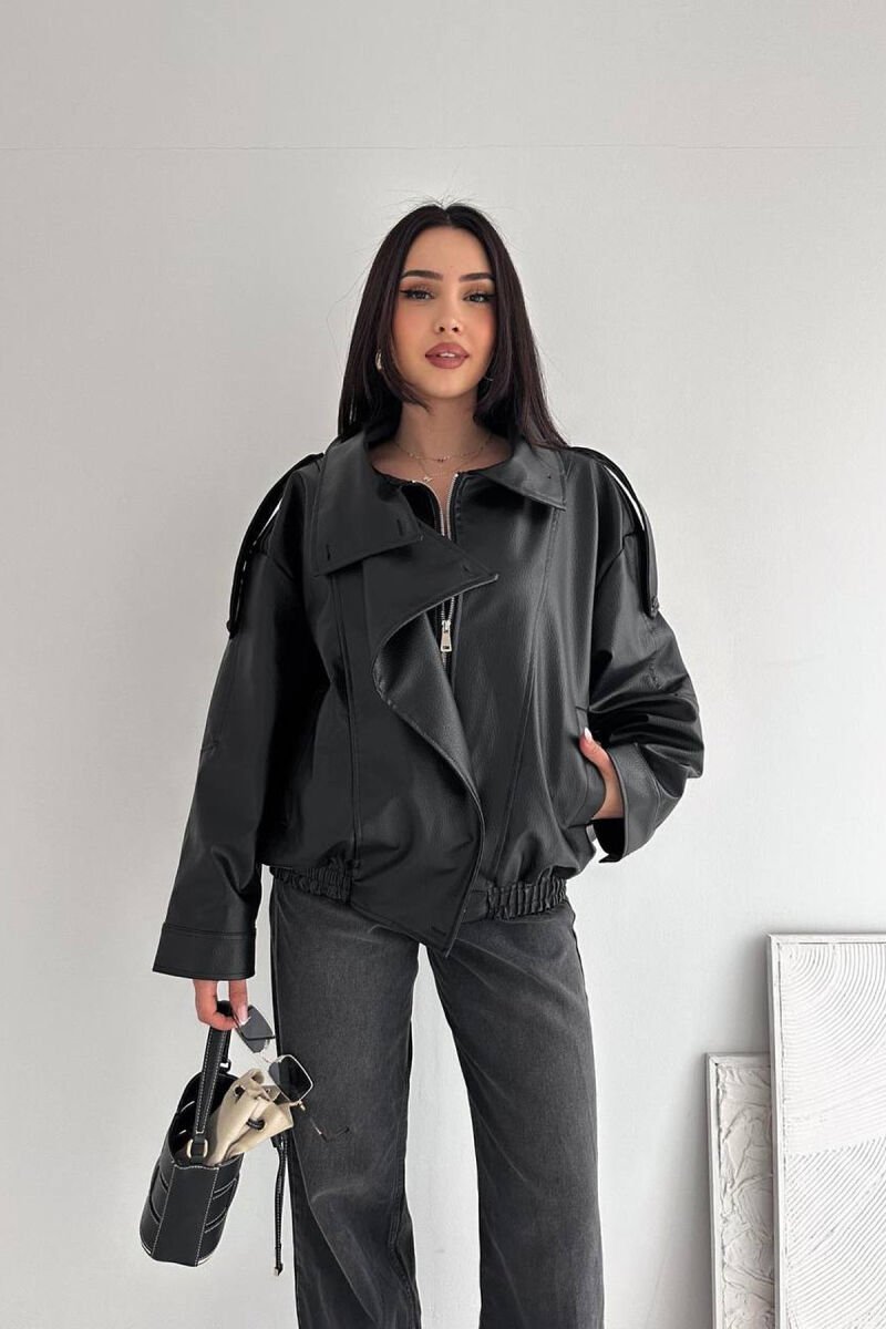 ONE COLOR ZIPPER LEATHER WOMEN JACKET BLACK/ E ZEZE - 6