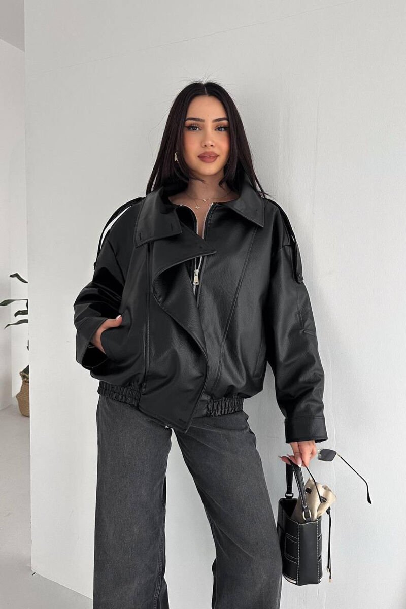 ONE COLOR ZIPPER LEATHER WOMEN JACKET BLACK/ E ZEZE - 8