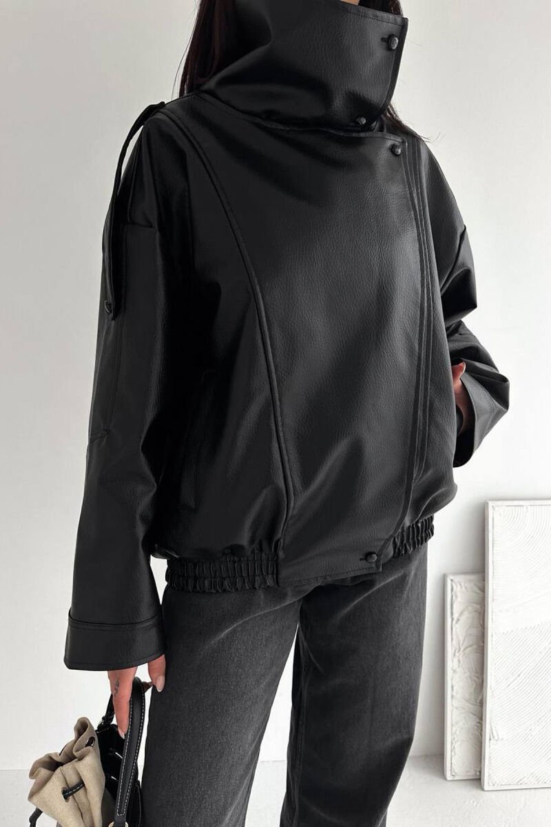 ONE COLOR ZIPPER LEATHER WOMEN JACKET BLACK/ E ZEZE - 9