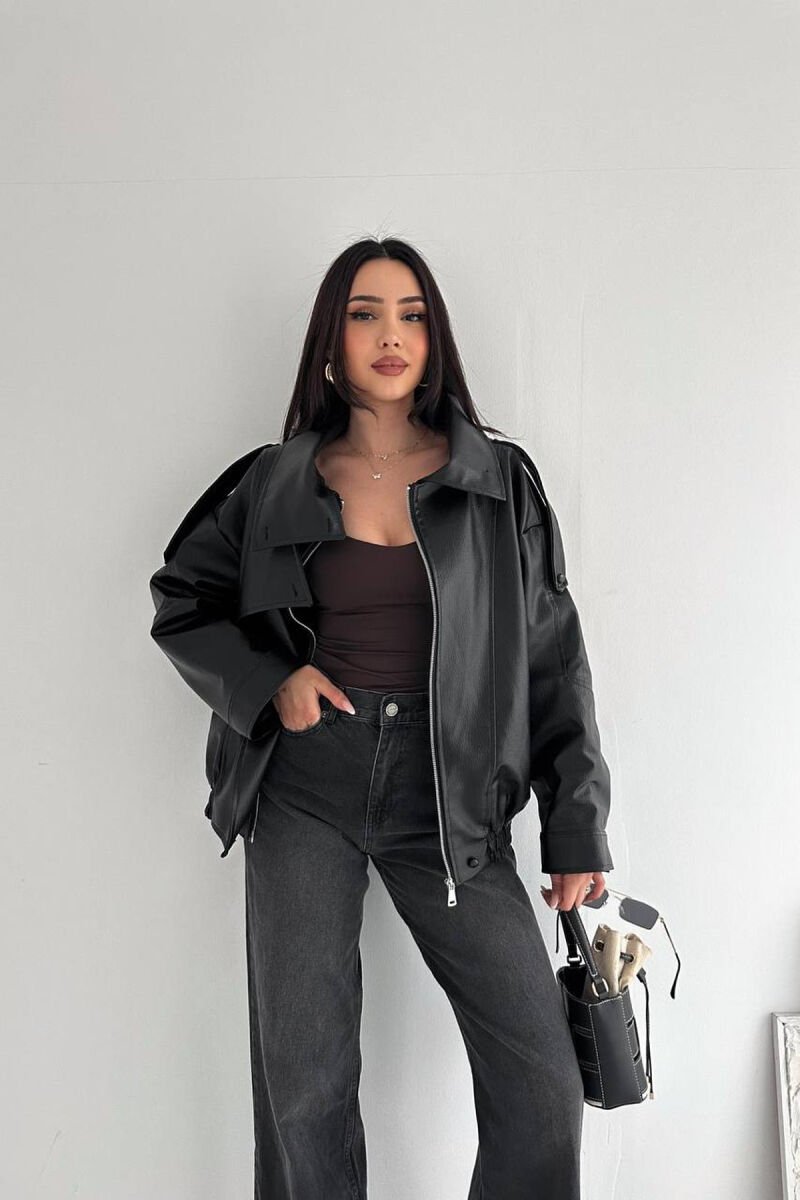 ONE COLOR ZIPPER LEATHER WOMEN JACKET BLACK/ E ZEZE - 10