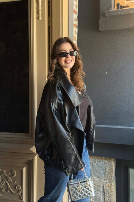 ONE COLOR ZIPPER LEATHER WOMEN JACKET BLACK/ E ZEZE - 3