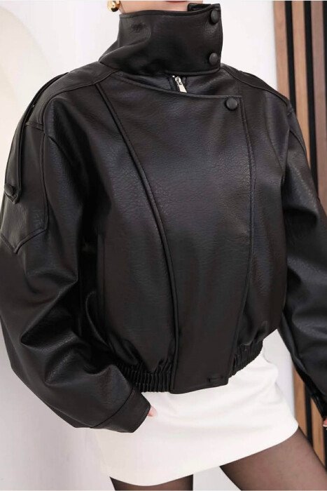 ONE COLOR ZIPPER LEATHER WOMEN JACKET BLACK/ E ZEZE - 2
