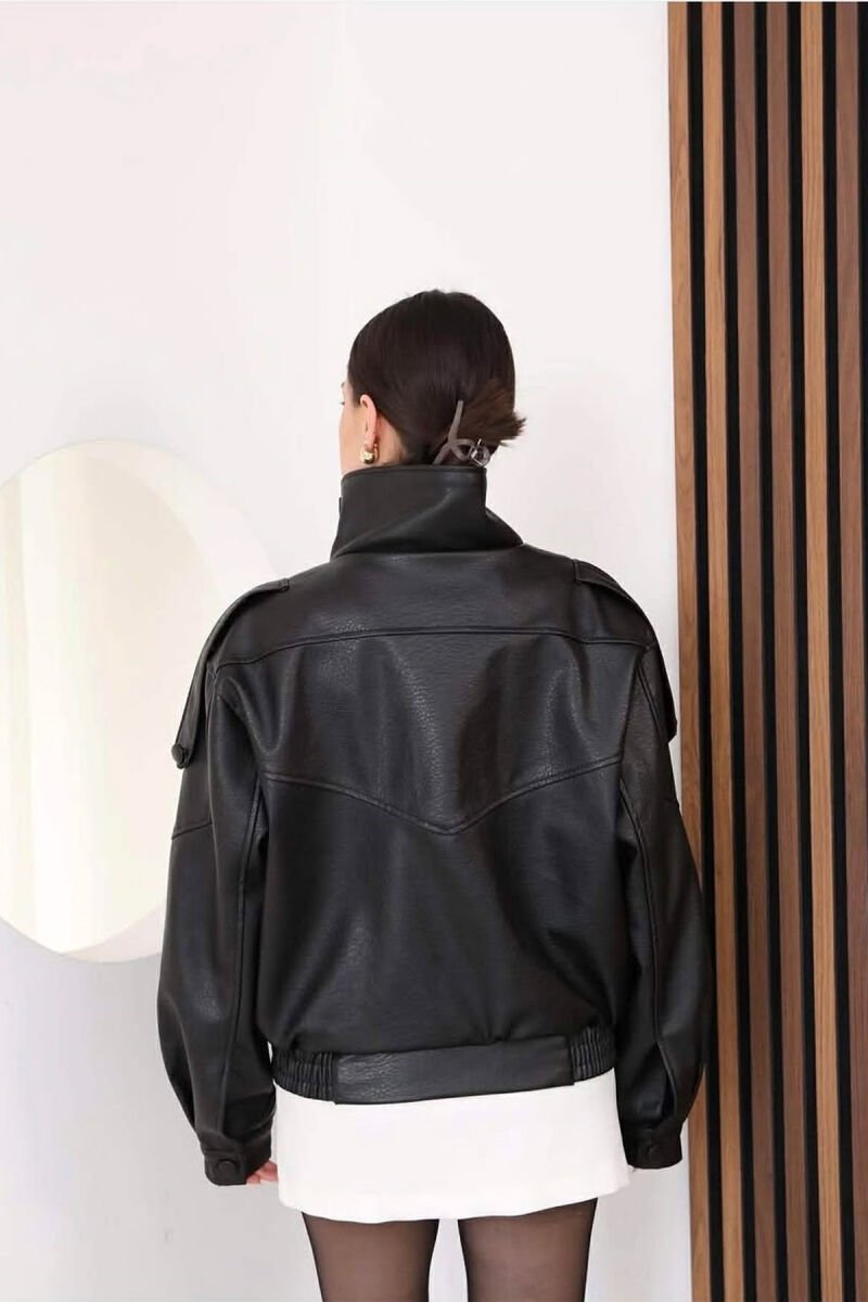 ONE COLOR ZIPPER LEATHER WOMEN JACKET BLACK/ E ZEZE - 3