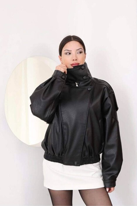 ONE COLOR ZIPPER LEATHER WOMEN JACKET BLACK/ E ZEZE - 5