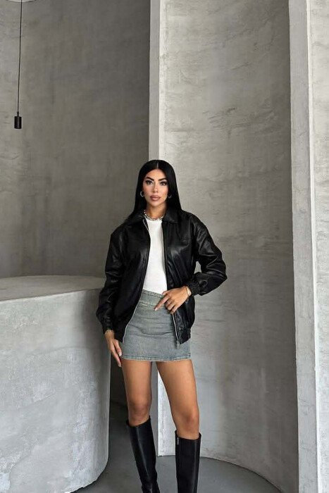 ONE COLOR ZIPPER LEATHER WOMEN JACKET BLACK/ E ZEZE - 7