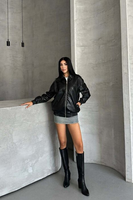 ONE COLOR ZIPPER LEATHER WOMEN JACKET BLACK/ E ZEZE - 10