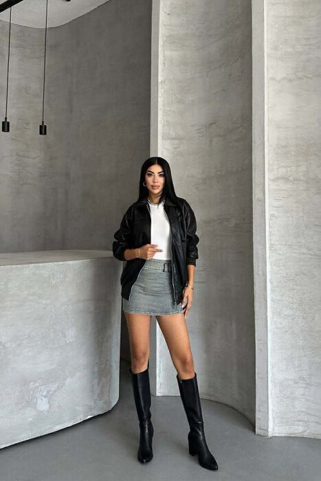 ONE COLOR ZIPPER LEATHER WOMEN JACKET BLACK/ E ZEZE - 11