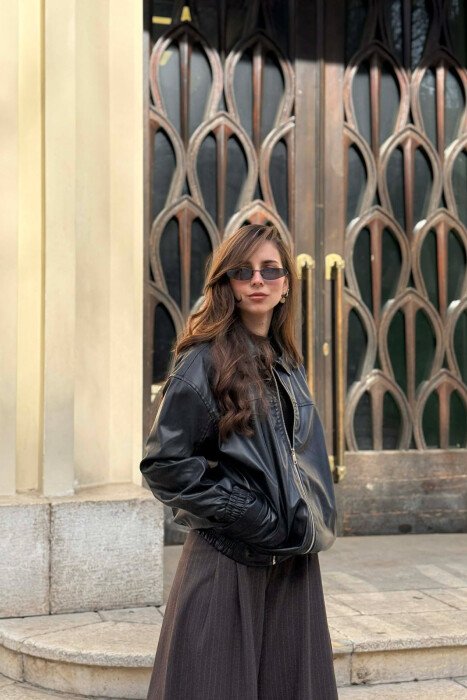 ONE COLOR ZIPPER LEATHER WOMEN JACKET BLACK/ E ZEZE - 3