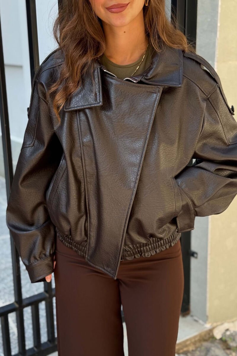 ONE COLOR ZIPPER LEATHER WOMEN JACKET DARK BROWN/KAE - 6