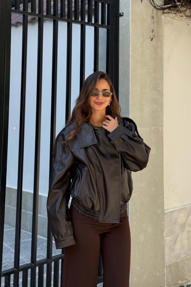 ONE COLOR ZIPPER LEATHER WOMEN JACKET DARK BROWN/KAE - 7