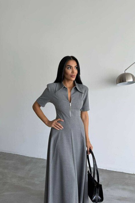 ONE COLOR ZIPPER NECK LONG WOMEN DRESS GREY/GRI - 4