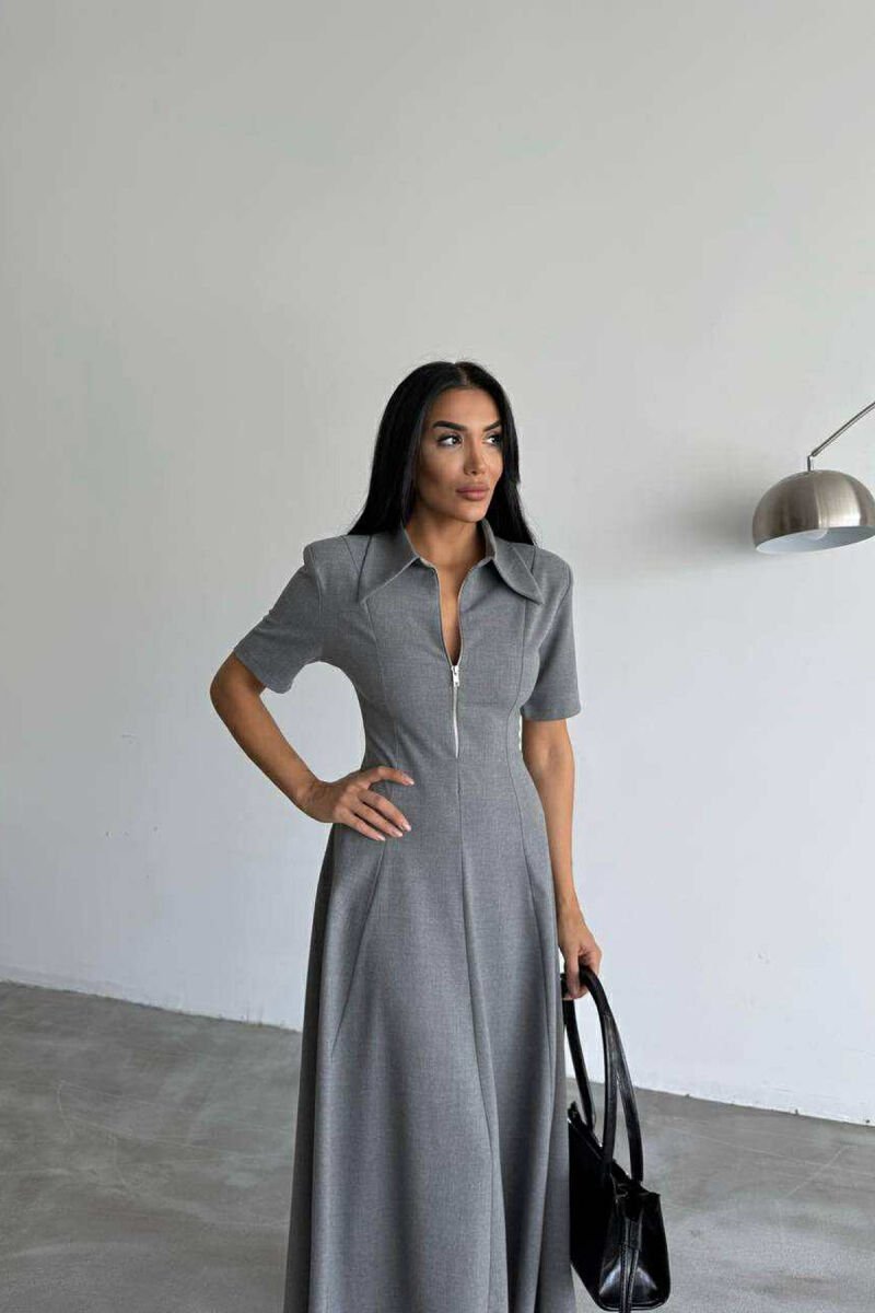 ONE COLOR ZIPPER NECK LONG WOMEN DRESS GREY/GRI - 4