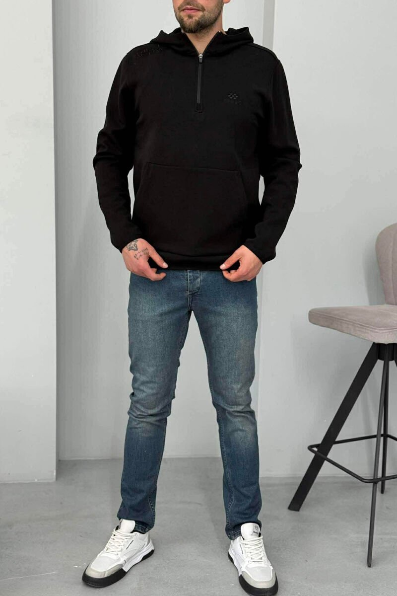 ONE COLOR ZIPPER NECK MEN HOODIE BLACK/ E ZEZE - 2