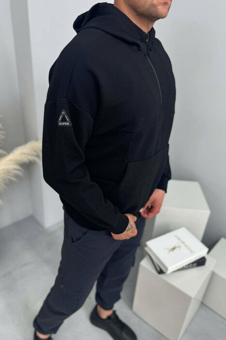 ONE COLOR ZIPPER NECK MEN HOODIE BLACK/ E ZEZE - 3