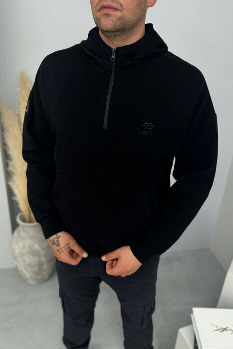 ONE COLOR ZIPPER NECK MEN HOODIE BLACK/ E ZEZE 