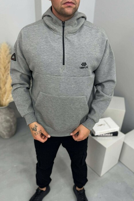 ONE COLOR ZIPPER NECK MEN HOODIE GREY/GRI - KLAUDIO FASHION