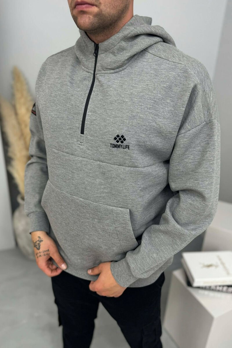 ONE COLOR ZIPPER NECK MEN HOODIE GREY/GRI - 2
