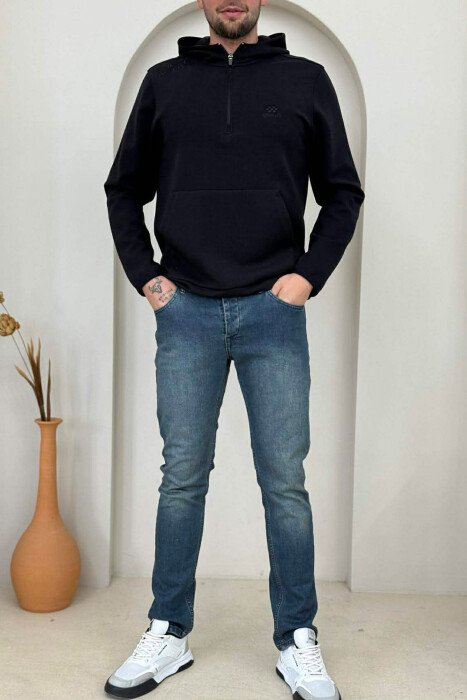ONE COLOR ZIPPER NECK MEN HOODIE MIDNIGHT BLACK/ E ZEZE MESNATE - 2