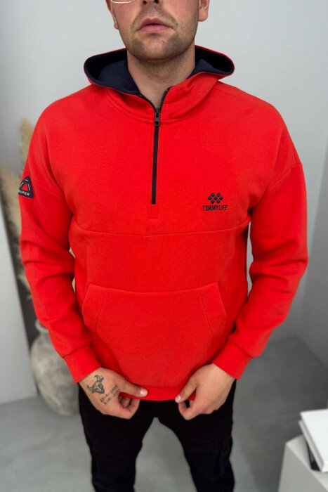 HOODIE NJËNGJYRËSHE ME JAKË ME ZINXHIR PËR MESHKUJ NË NGJYRËN E KUQE 