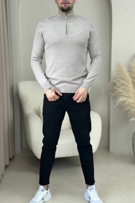 ONE COLOR ZIPPER NECK MEN SWEATER BEIGE/BEZHE - 1