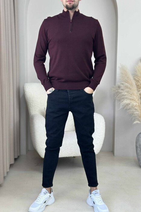 ONE COLOR ZIPPER NECK MEN SWEATER DARK BURGUNDY/VISHNJE E ERRET 