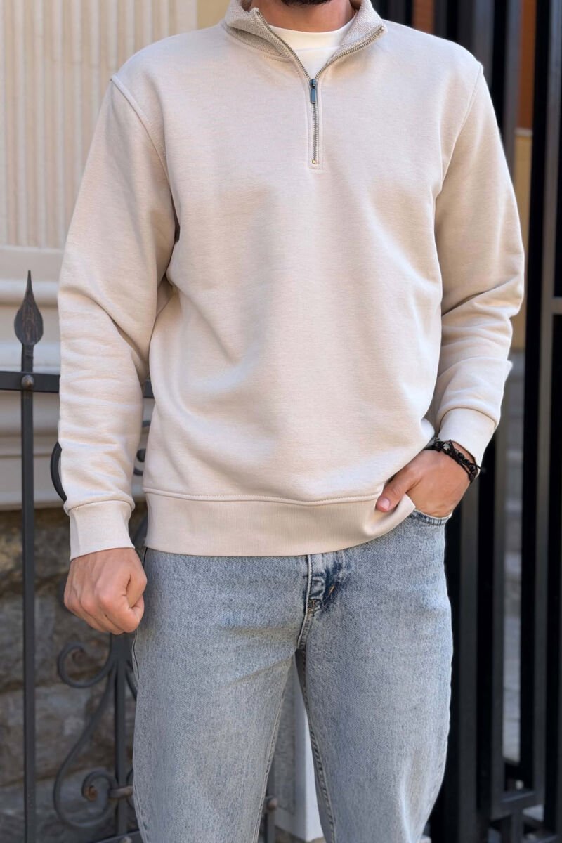 ONE COLOR ZIPPER NECK MEN SWEATSHIRT BEIGE/BEZHE - 4