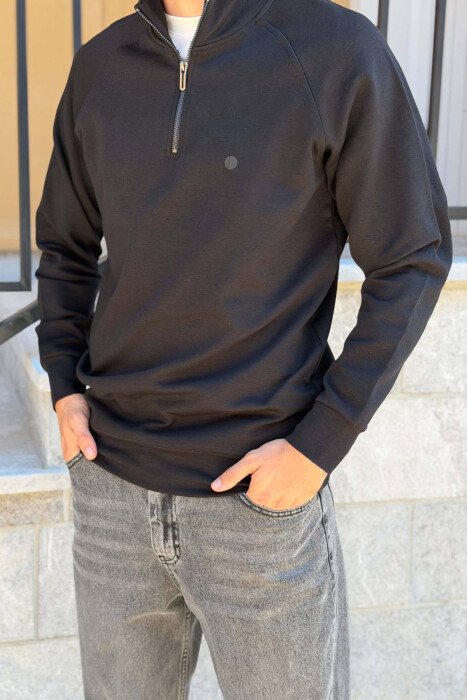 ONE COLOR ZIPPER NECK MEN SWEATSHIRT BLACK/ E ZEZE - 4