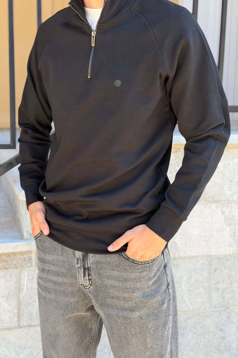 ONE COLOR ZIPPER NECK MEN SWEATSHIRT BLACK/ E ZEZE - 4