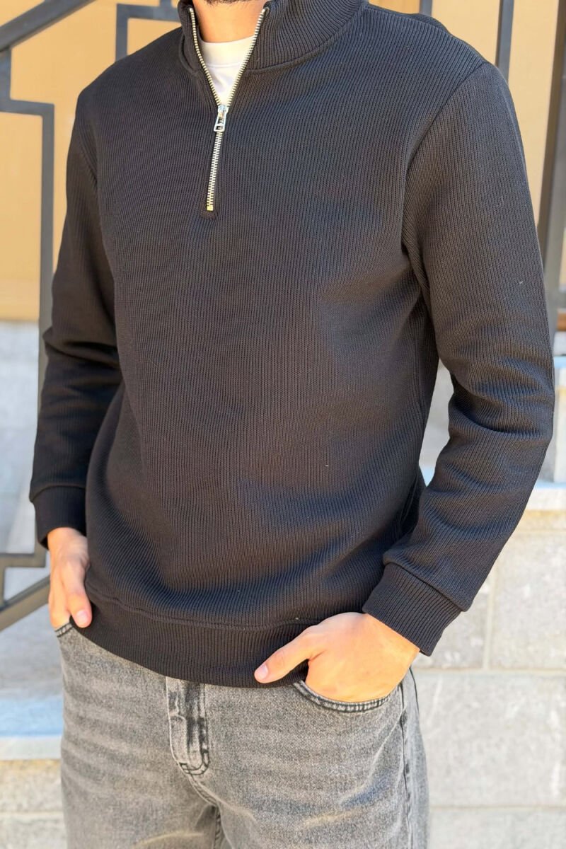 ONE COLOR ZIPPER NECK MEN SWEATSHIRT BLACK/ E ZEZE - 2