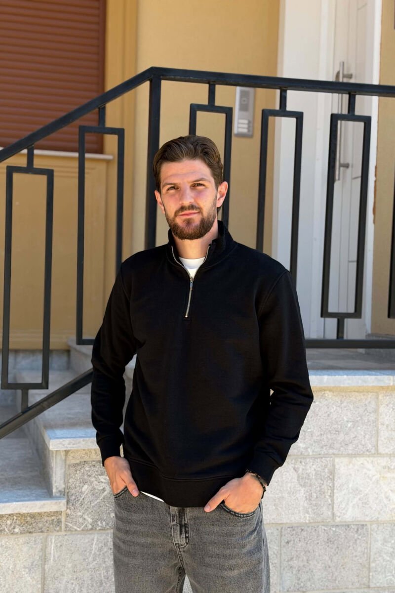 ONE COLOR ZIPPER NECK MEN SWEATSHIRT BLACK/ E ZEZE - 1