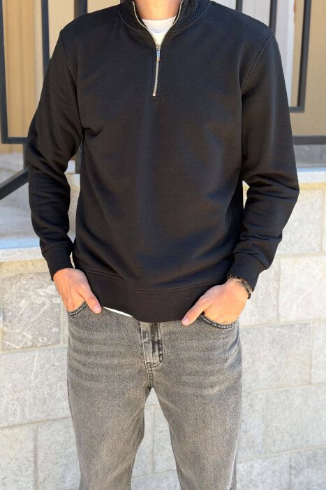 ONE COLOR ZIPPER NECK MEN SWEATSHIRT BLACK/ E ZEZE - 4