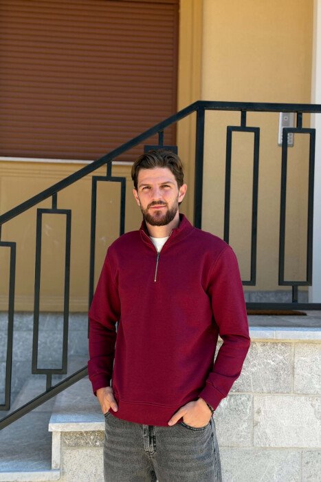 ONE COLOR ZIPPER NECK MEN SWEATSHIRT BURGUNDY/VISHNJE 
