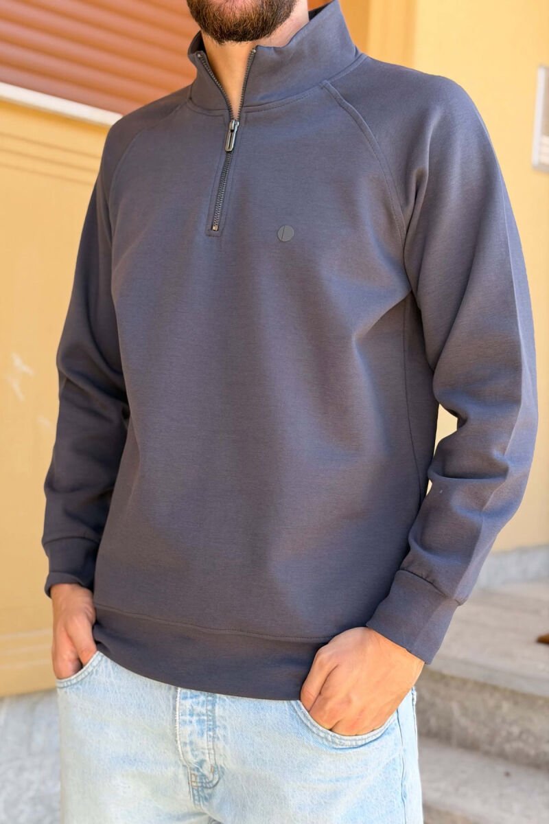 ONE COLOR ZIPPER NECK MEN SWEATSHIRT DARK GREY/GEE - 4