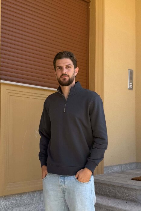 ONE COLOR ZIPPER NECK MEN SWEATSHIRT DARK GREY/GEE - 2