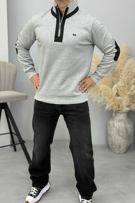 ONE COLOR ZIPPER NECK MEN SWEATSHIRT GREY/GRI - 1