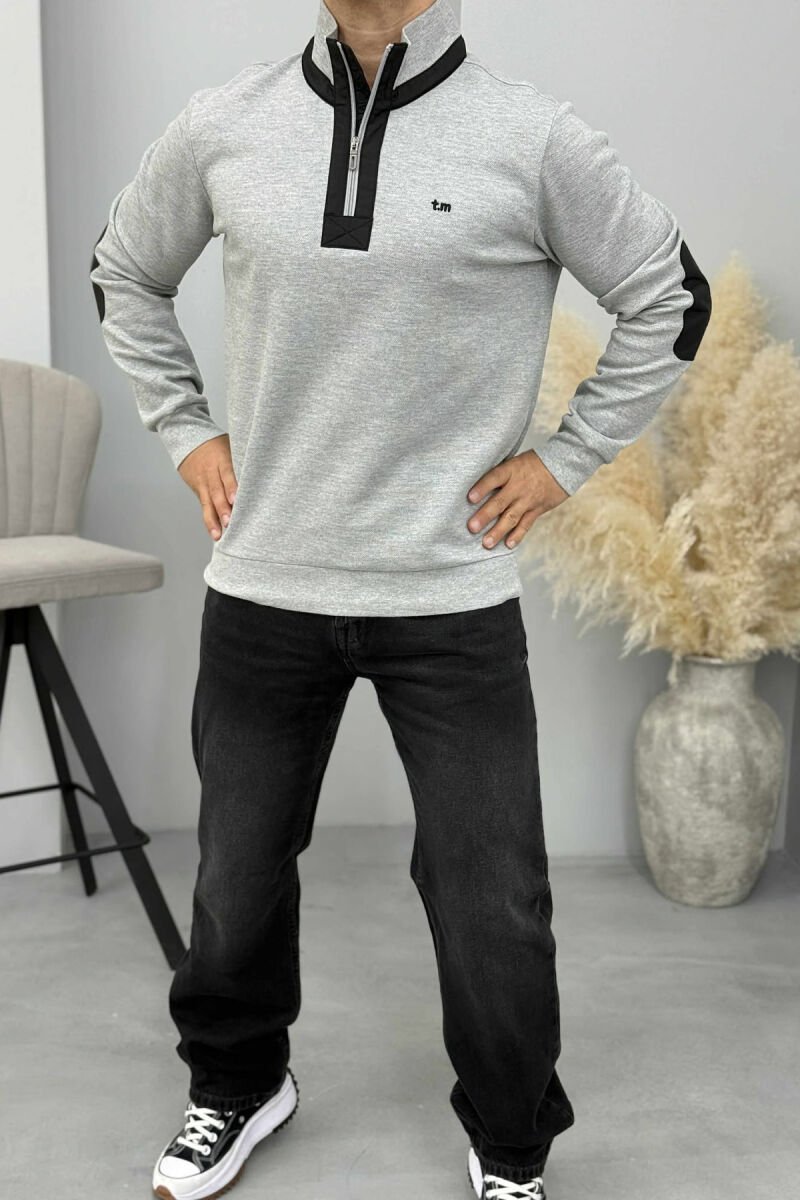 ONE COLOR ZIPPER NECK MEN SWEATSHIRT GREY/GRI - 1