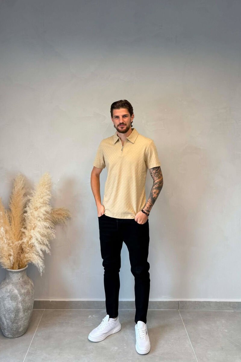 ONE COLOR ZIPPER NECK MEN T-SHIRT BEIGE/BEZHE - 3