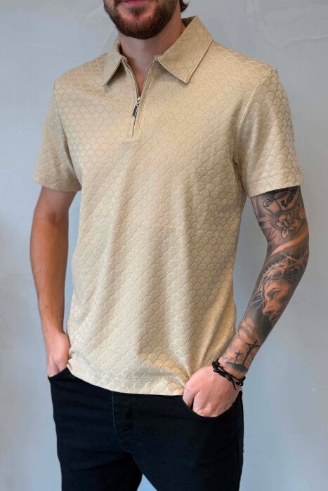 ONE COLOR ZIPPER NECK MEN T-SHIRT BEIGE/BEZHE - 4