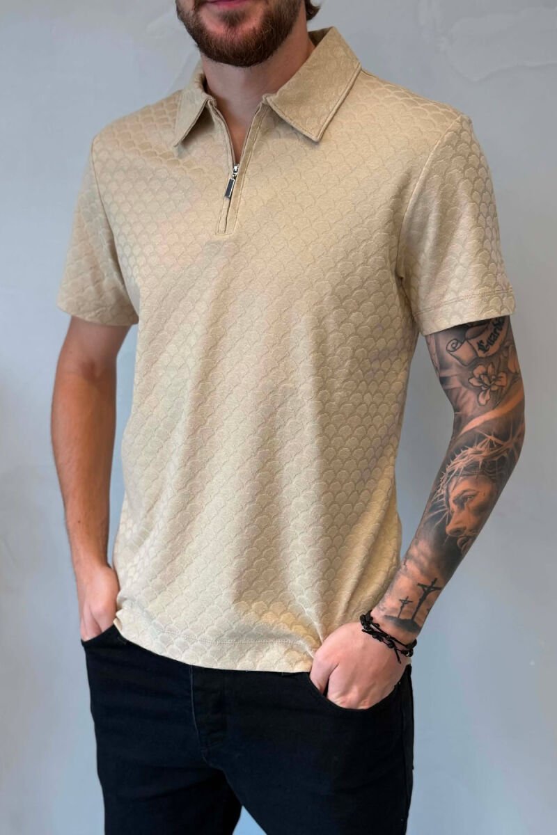 ONE COLOR ZIPPER NECK MEN T-SHIRT BEIGE/BEZHE - 4