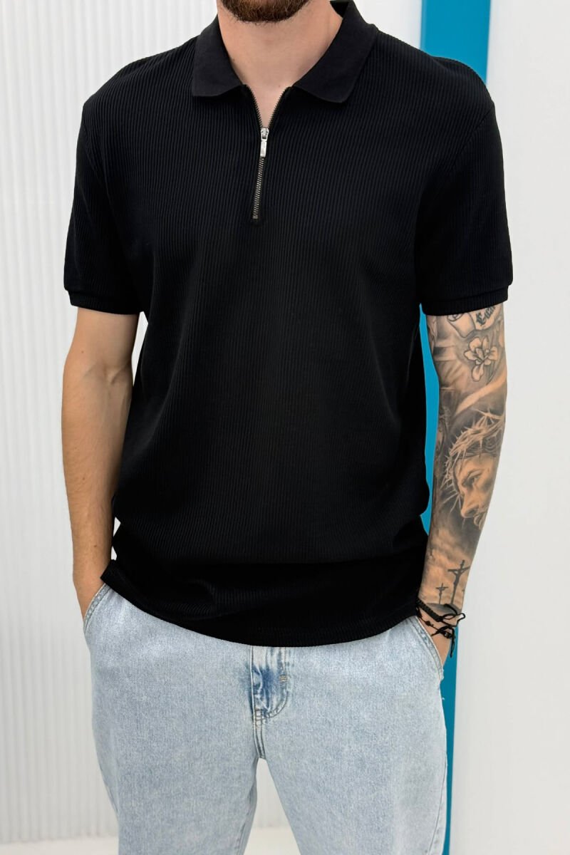 ONE COLOR ZIPPER NECK MEN T-SHIRT BLACK/ E ZEZE - 2